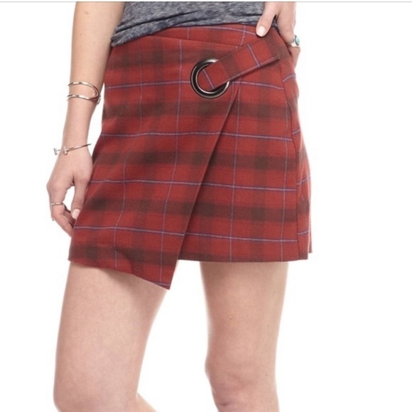 FREE PEOPLE Tessa Red Plaid Faux Wrap Mini Skirt Size 0 - Picture 4 of 14